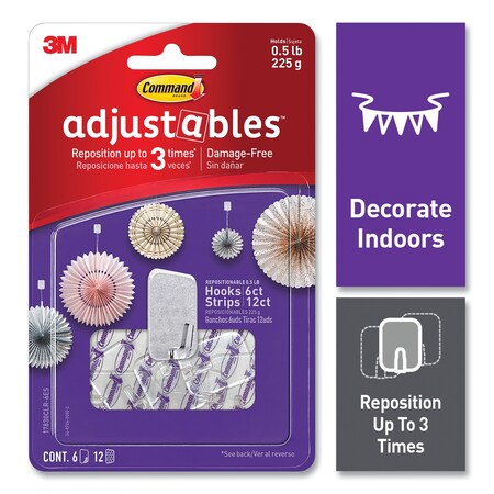 Command Adjustables Repositionable Mini Hooks, Plastic, White, 0.5 lb Capacity, 6 Hooks and 12 Strips 17830CLR-6ES